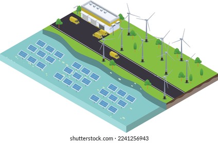 isometric scene of Wind turbines generating electricity and solar farm panels with green manufacturing industry factory