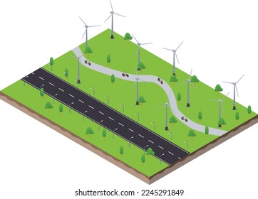 isometric scene of Wind turbines generating electricity and bicycle lane track road