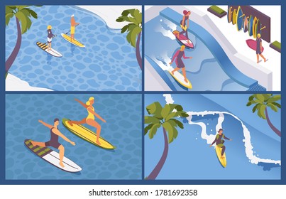 isometric scenes for surf school. Long wave, palms, blue sea water. Concept extreme sport outdoor people surfers. Illustrations good for surfing camp web site