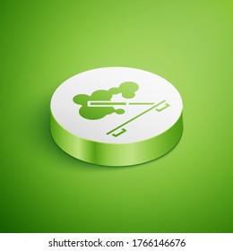 Isometric Scented spa stick on a wooden stand icon isolated on green background. Incense stick. Cosmetic procedure aromatherapy. White circle button. Vector