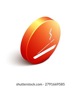 Isometric Scented spa stick on a wooden stand icon isolated on white background. Incense stick. Cosmetic procedure aromatherapy. Orange circle button. Vector Illustration
