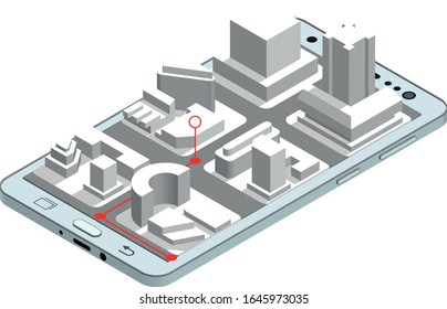 Isometric schematic white city on smartphone. 3d city map of way from point A to point B.
