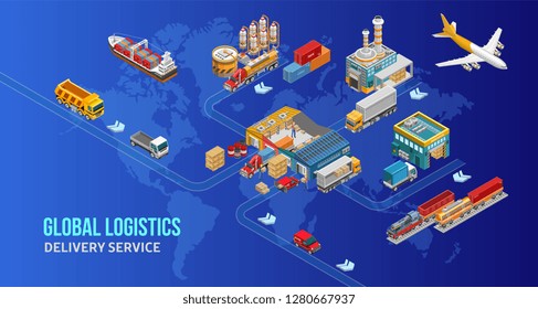 Isometric scheme global logistics system depicted step by step over world map. Different types of global logistics — container carrier, cargo ship, cargo plane, truck, train.