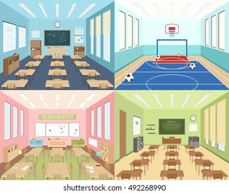 Isometric school 2x2 compositions presenting different classrooms for maths art and literature and sportroom vector illustration