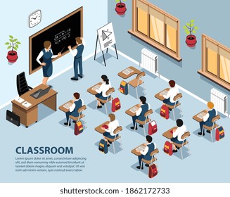 Isometric school background with indoor scenery pupils sitting at desks and teacher solving exercise at blackboard vector illustration