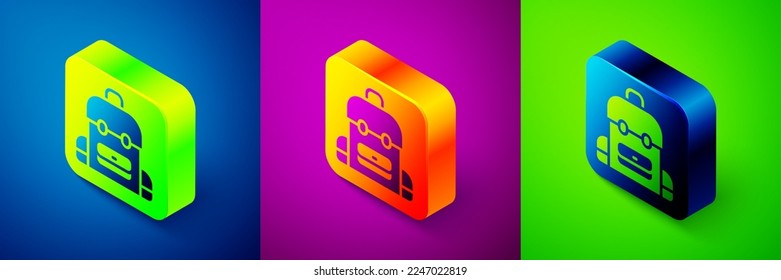 Isometric School backpack icon isolated on blue, purple and green background. Square button. Vector