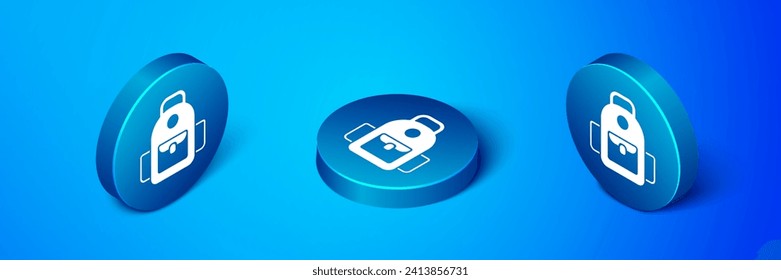 Isometric School backpack icon isolated on blue background. Blue circle button. Vector
