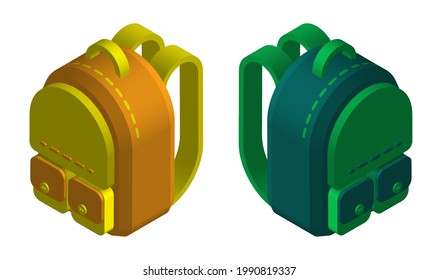 Isometric school backpack. September 1, beginning of school year. Student Accessories. 3d vector