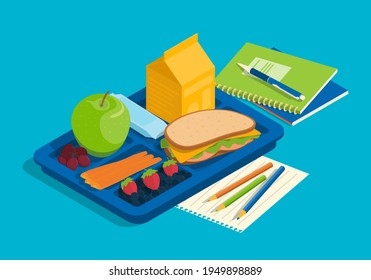 Isometric school breakfast on blue backgound