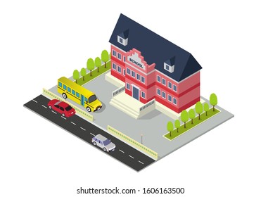 isometric school building with bus, park, and road
