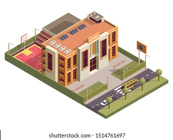 Isometric school building with clock board and basketball ground along vehicle street background.