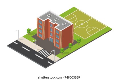 Isometric school building and football field interior realistic 3d icon.