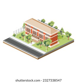 Edificio escolar isométrico aislado de fondo blanco. Ilustración vectorial. Árboles y carreteras. El hombre va a la escuela.