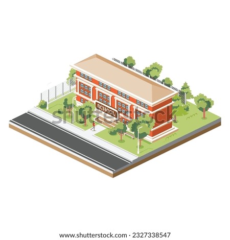 Isometric School Building Isolated on White Background. Vector Illustration. Trees and Road. Man Goes to the School.