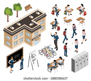 Isometric school building set with isolated icons of desks and lockers with pupils and teacher characters vector illustration