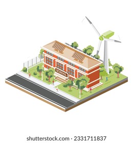 Isometric School Building with Solar Panels and Wind Turbine Isolated on White Background. Vector Illustration. Trees and Road. Man Goes to the School. Ecology Concept.