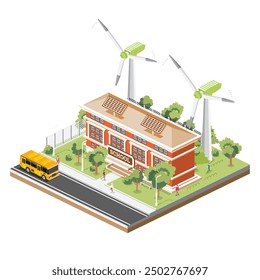 Isometric School Building with Solar Panels and Wind Turbine Isolated on White Background. Vector Illustration. Trees and Road. Man Goes to the School. Ecology Concept.