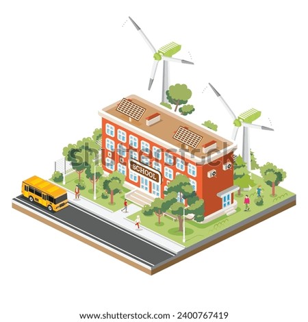 Isometric School Building with Solar Panels and Wind Turbine Isolated on White Background. Vector Illustration. Trees and Road. Man Goes to the School. Ecology Concept.