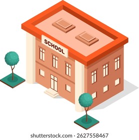 Edificio escolar isométrico con árboles que representan la educación, el aprendizaje, el conocimiento, la vuelta a la escuela, la universidad, la academia, el instituto, el campus y la vida estudiantil