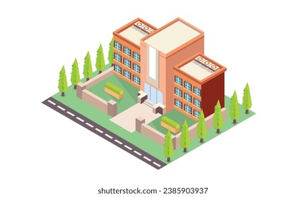 Isometric School building Vector.on white background.isometric design. 3D design elements for construction of urban and village landscapes.