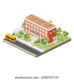 Edificio de escuela isométrico con bus amarillo aislado en fondo blanco. Ilustración vectorial. Árboles y carreteras. El hombre va a la escuela.