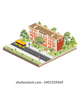 Isometric school building with yellow bus isolated on white background. Vector illustration. Trees and road. Man goes to the school.