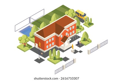 Isometric school building with yellow bus vector illustration design