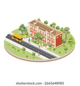 Edifício escolar isométrico com ônibus amarelo isolado no fundo branco. Ilustração vetorial. Árvores e estrada. O homem vai à escola.
