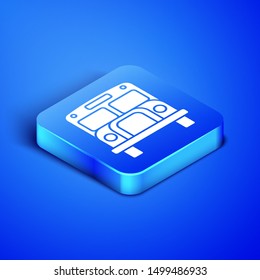 Isometric School Bus icon isolated on blue background. Public transportation symbol. Blue square button. Vector Illustration