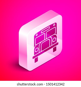 Isometric School Bus icon isolated on pink background. Public transportation symbol. Silver square button. Vector Illustration