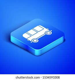 Isometric School Bus icon isolated on blue background. Blue square button. Vector Illustration