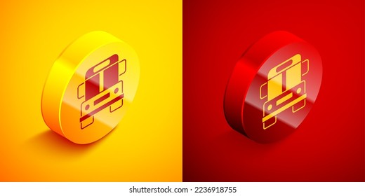 Isometric School Bus icon isolated on orange and red background. Public transportation symbol. Circle button. Vector