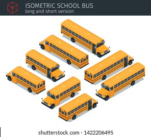 Isometric school bus. Short and long version. Modern vector illustration