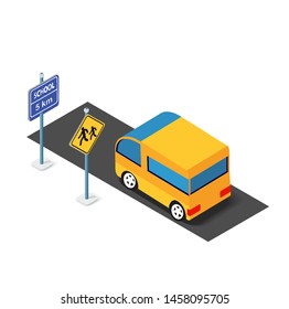 Isometric school bus urban infrastructure cars and buses transport