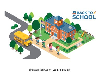 Isometric school campus. Brick building architecture. Yellow bus transport. Students walking on pathway map.