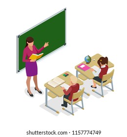 Isometric School children in classroom at lesson. Schoolroom for study. Teacher standing at chalkboard. Vector illustration