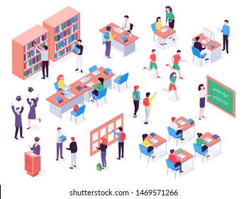 Isometric school. Childrens and teacher in classroom, students in schools library and education classroom. Pupils social communication on math lesson. Isolated vector 3d illustration icons set