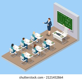 Isometric School Classroom. Group Of School Kids With Teacher Sitting In Classroom. Education. Classroom Design With Modern Desks, Seats And Blackboard. Back To School Concept.