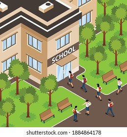 Isometric school composition with outdoor scenery and building facade with entrance and walking pupils with backpacks vector illustration
