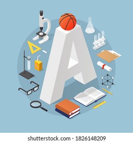 Isometric school concept illustration: bid grade A surrounded by stack of books, glasses, diploma, test-tube, microscope, magnifier, basketball, file, ruler and stationery.