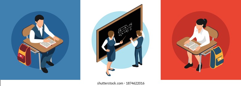 Isometric school design concept with set of compositions with teenage pupils at desks teacher and blackboard vector illustration