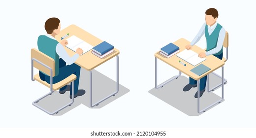 Isometrischer Schultisch und Stuhl. Schuljunge sitzt am Schreibtisch. Der Schuljunge schreibt an ihrem Schreibtisch. Vorbereitung auf die Prüfung oder Studium der Sekundarschulbildung. Zurück zum Schulkonzept.