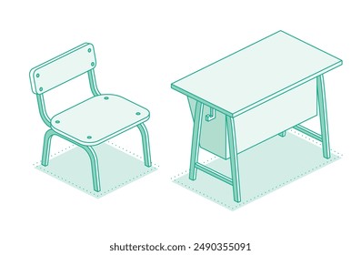 Isometric school desk table and chair. Vector illustration. Outline object isolated on white background. Classroom.