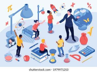 Isometric school education composition with icons of stationery goods with human characters of teacher and pupils vector illustration