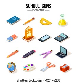 Isometric school education set icons vector illustration. Eraser, compasses, sharpener, flask, pencil and other objects.