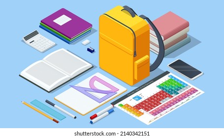 Isometric school elements, many school supplies. Children s subjects for study. Ready to study.