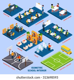 Isometric school interior with 3d indoors objects and people figures vector illustration