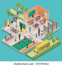 Isometric school interior with 3d indoors objects and people figures. Teacher near blackboard in classroom. Learning process in classroom, gym class, pupils in the library, school bus.