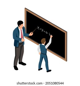 Isometric school lesson icon with male teacher and pupil doing sums on board vector illustration