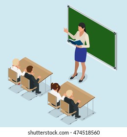 Isometric School Lesson. Little Students And Teacher.Classroom With Green Chalkboard. 